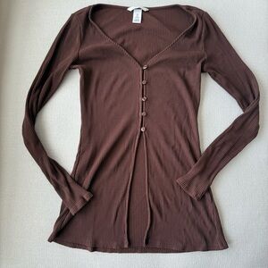 Brown Ribbed Long Sleeve Top